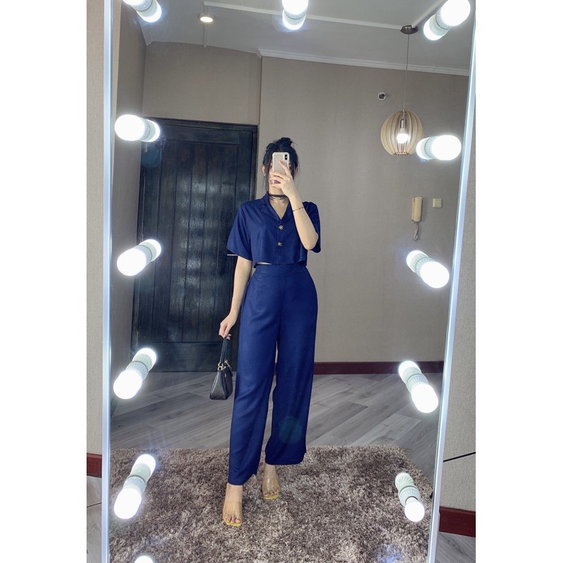 ZENAYA SET SETEL281 SETELAN BAJU CROP DAN CELANA PANJANG KULOT BUSUI SETEL281-Navy