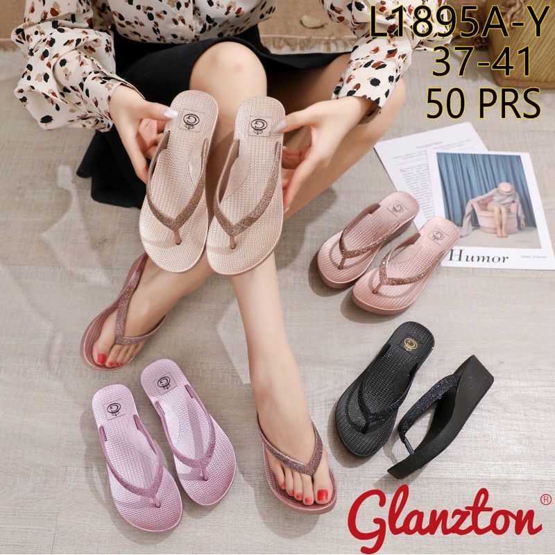 Sandal Jepit Wedges Gliter Wanita Import