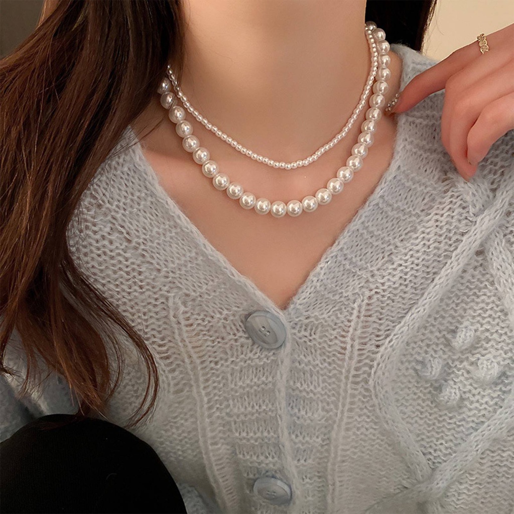 Kalung Rantai Klavikula Hias Mutiara Besar Gaya Retro Perancis Untuk Wanita