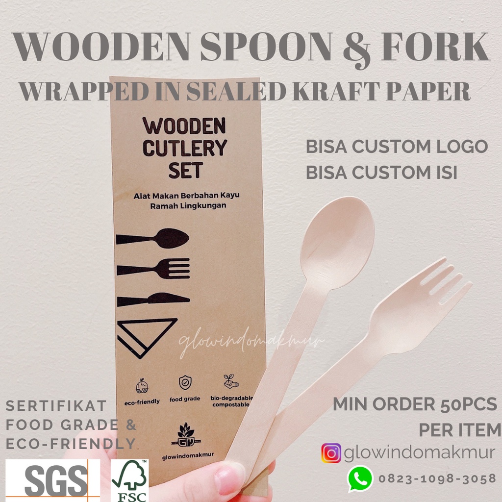 SET Sendok Kayu 16cm + Garpu Kayu 16cm Cover Kraft Paper SEALED Tertutup Rapat HIGIENIS