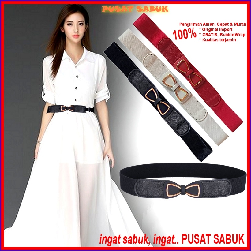 Belt Ikat Pinggang Kecil Korea Sabuk Obi Karet Wanita Fashion Gesper Cewek Polos Model Kupu Hitam