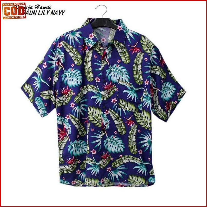 ˆWp{ Fortklass Daun Lily Kemeja Hawaii Bali Pria Motif Kemeja Pantai Cowok - Navy ‡