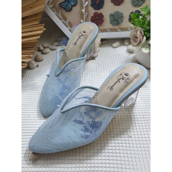 sepatu ruby babyblue tanpa payet 7cm kaca