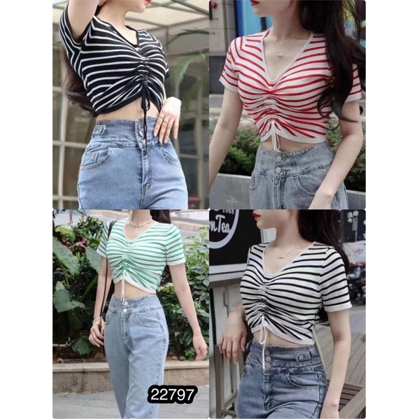 Croptop salur knit serut depan | atasan rajut salur | top rajut serut depan | atasan import | korean fashion wanita | aquarius boutique89 grosir