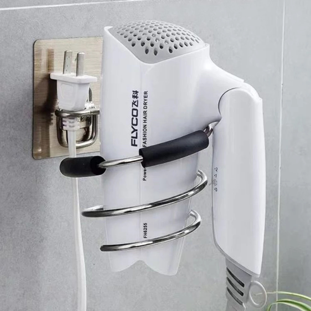 Home Wall Hanging Self Adhesive Hair Dryer Holder / Bathroom Wall Mounted Nail-Free Space Saving Blower Storage Rack / Multifunctional Organizer Shelf / Seamless Storage Hooks Container / Multifunction Wall  Rack Hanger