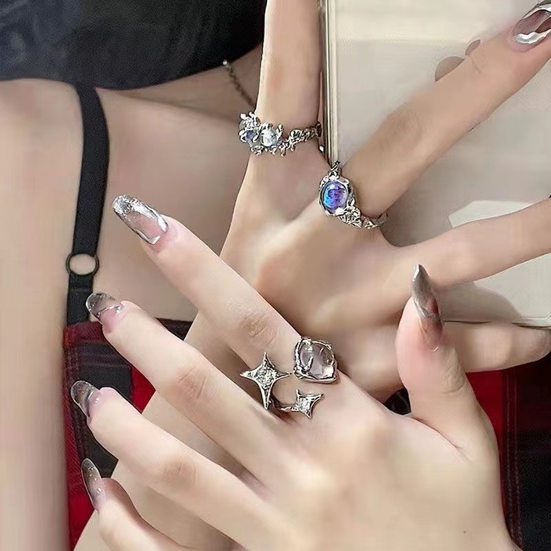 IFYOU Perhiasan Cincin Jari Warna Silver Aksen Batu Bulan Gaya Vintage Korea Untuk Wanita