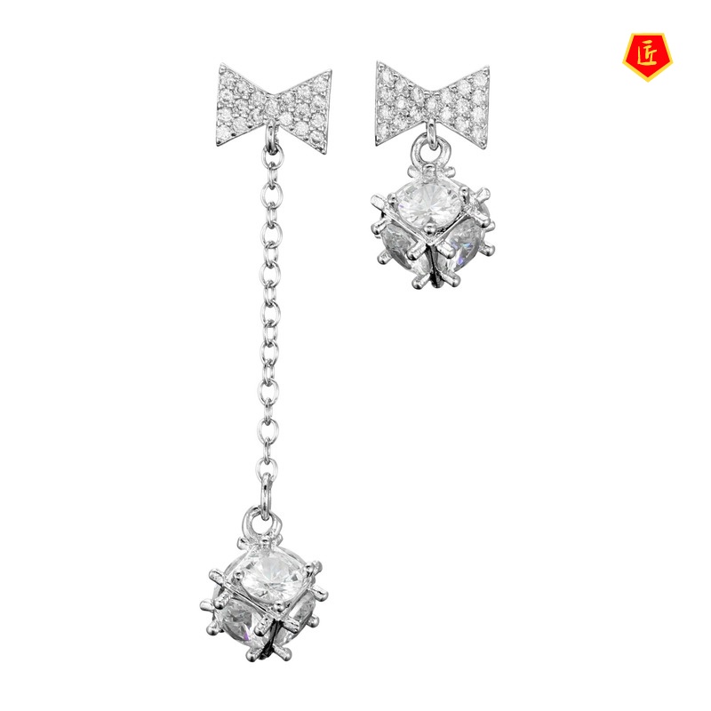 [Ready Stock]925 Silver Bow Diamond Asymmetric Long Earrings