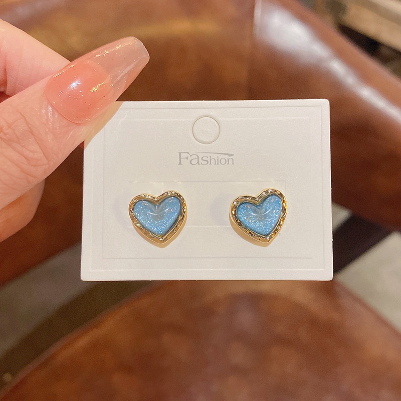 Anting Stud Desain Hati Warna Biru Bahan 925 silver needle Untuk Wanita