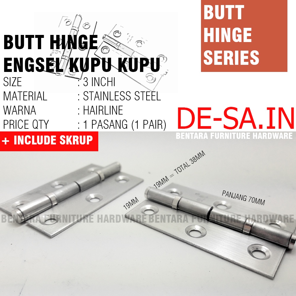 3 INCHI ENGSEL KUPU KUPU STAINLESS STEEL - 70 MM ( 7 CM) BUTT HINGE DOOR PINTU