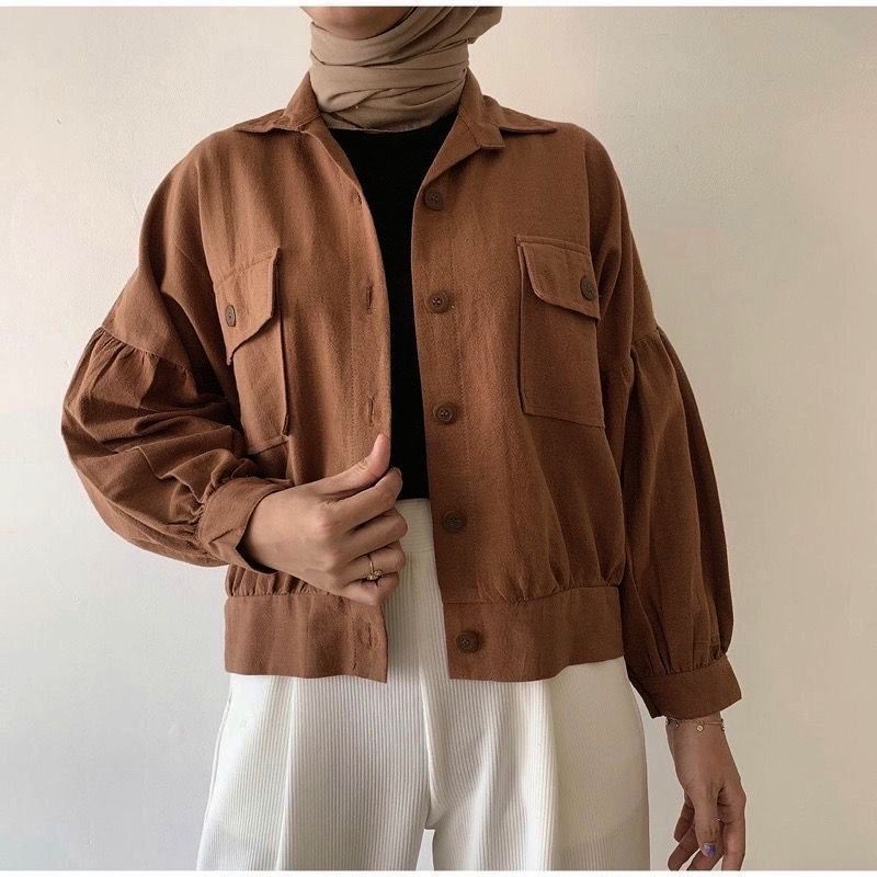 Busan Jaket Wanita Korean Style Oversize Saku Depan - Jaket Oversize Crop Outer-Brown
