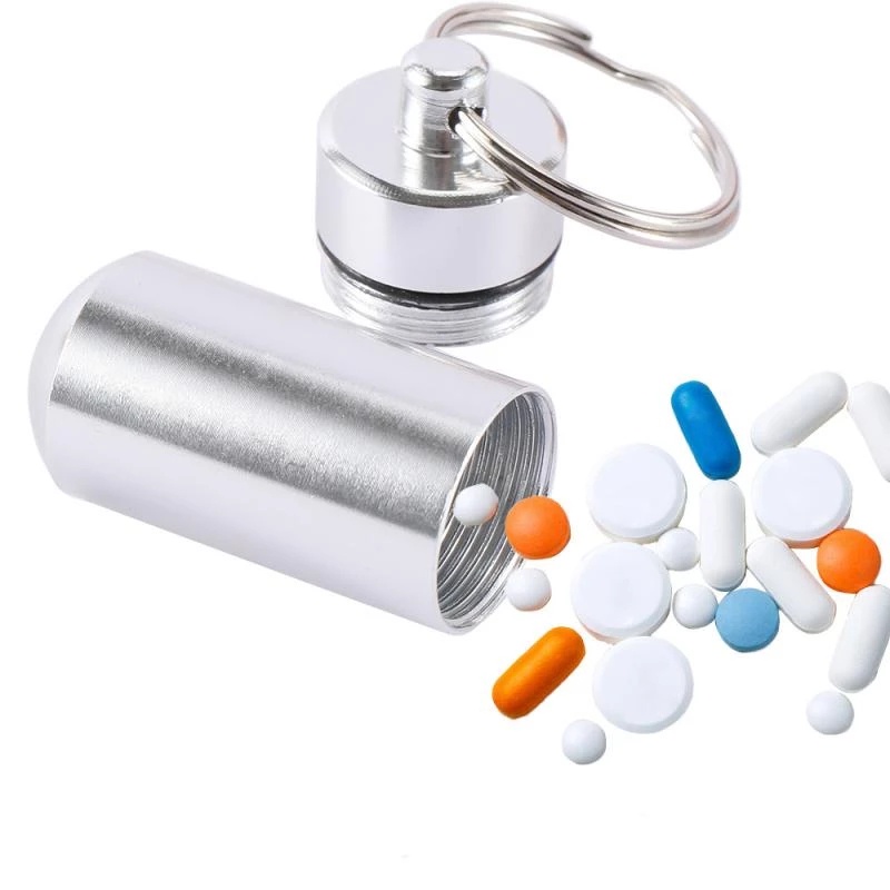 10Sizes Creative Aluminum Pocket Pill Container/ Capsule Shape Aluminum Pill Case/ Waterproof Delicate Seal Medicine Organizer Box With Keychain/ Travel Design Outdoor Waterproof Pill Drug Storage Box