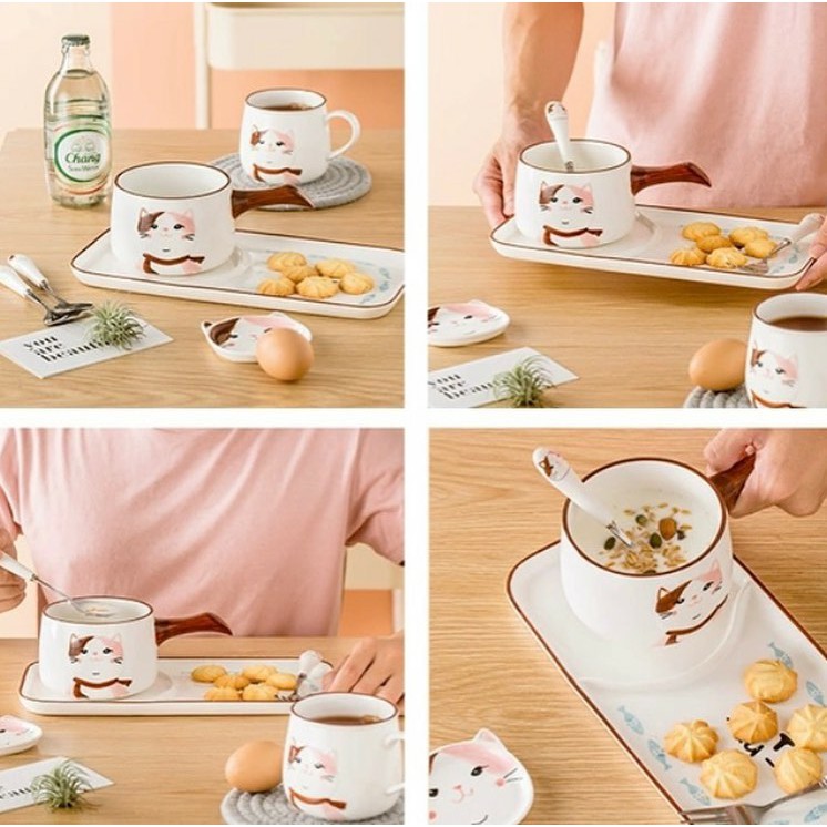 1 SET PIRING MANGKOK DAN MANGKOK KERAMIK MOTIF KUCING/CAT LOVERS