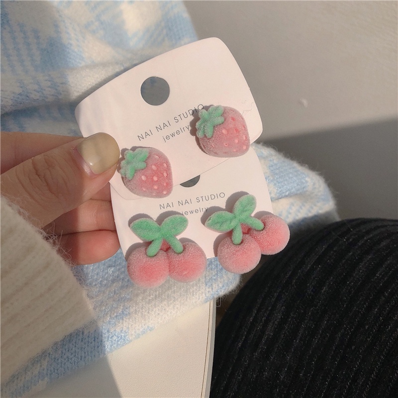 IFYOU Anting Stud Desain Ikatan Simpul Mutiara Strawberry Cherry Bear Gaya Korea Untuk Wanita