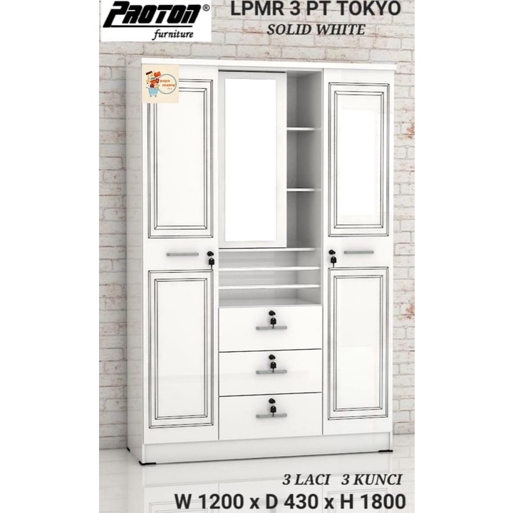 Lemari Pakaian 3 Pintu Kaca Rias Sliding - Lemari Baju 3 Laci Kunci Tokyo - Medan