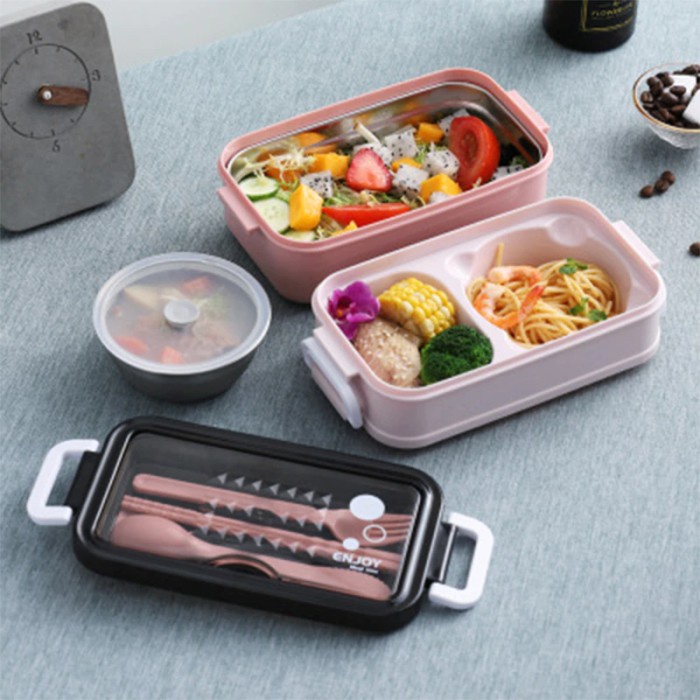 Triple W 3in1 Lunch Box Stainless Kotak Bekal Makan Sendok Garpu Set