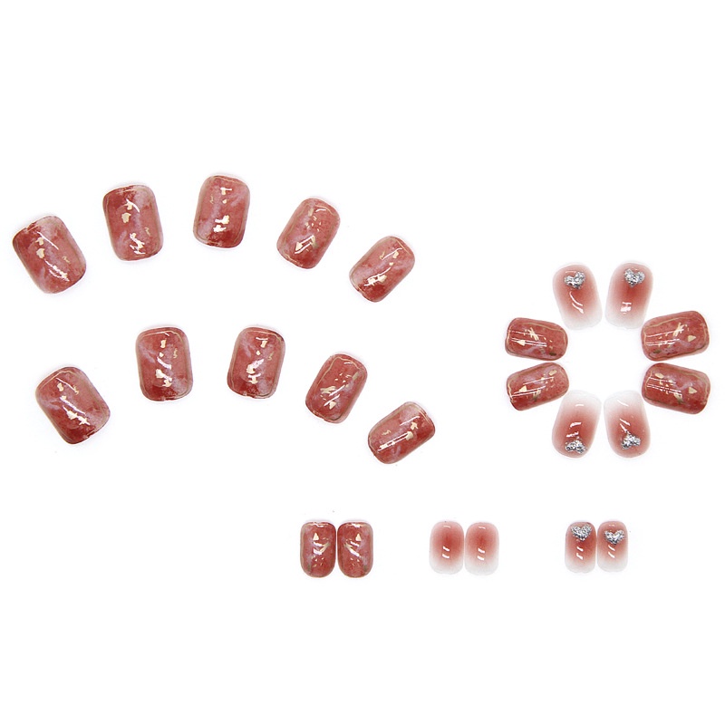 24pcs / box Kuku Palsu Warna Merah Gradasi Silver Aksen Hati Berlian Imitasi Glitter Untuk Nail Art