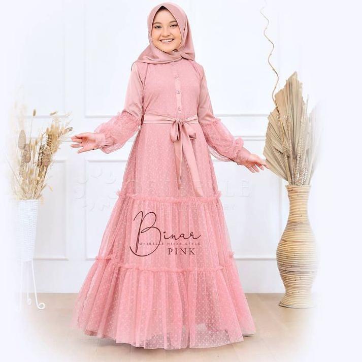 ♣ Gamis Anak Umur 10-12 Tahun Gamis Plus Kerudung Gamis Brukat Anak Binar Syar'i Kids ✤