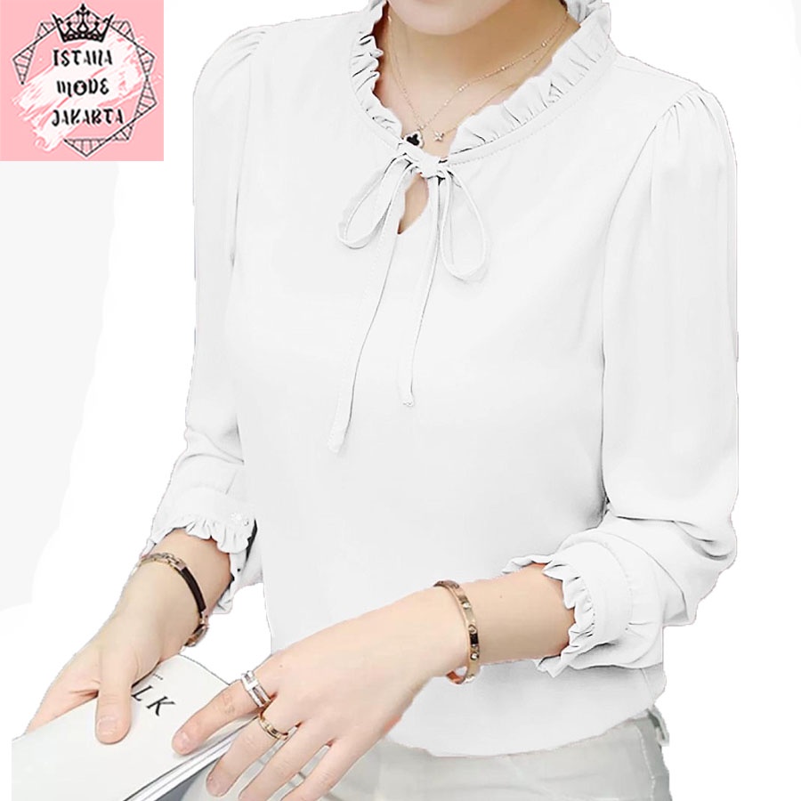ISTANA MODE JAKARTA Aurelia baju atasan wanita terbaru blouse korean style blouse wanita lengan panjang-PUTIH