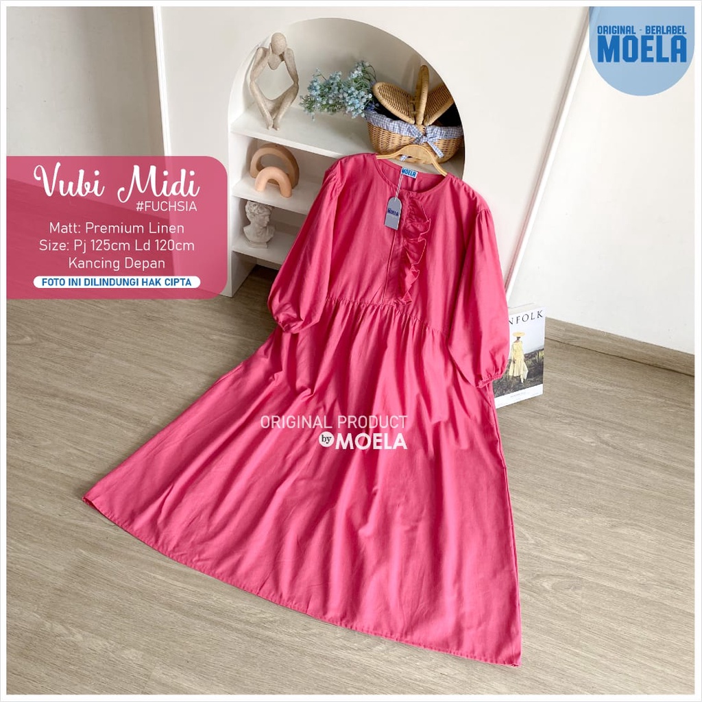 VUBI MIDI ORIGINAL MOELA ld 120cm PREMIUM LINEN berkancing BUSUI MUSLIM POLOS DRESS wanita lebaran O