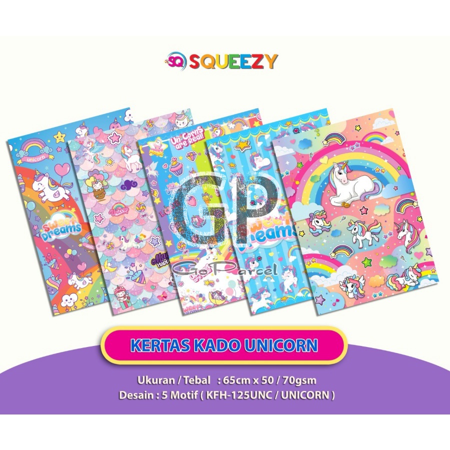 ( 5 Lembar ) KERTAS KADO SQ DOFF - GIFT WRAPPING PAPER UNICORN PINK BIRU KUDA PONI LITTLE PONY RAINBOW