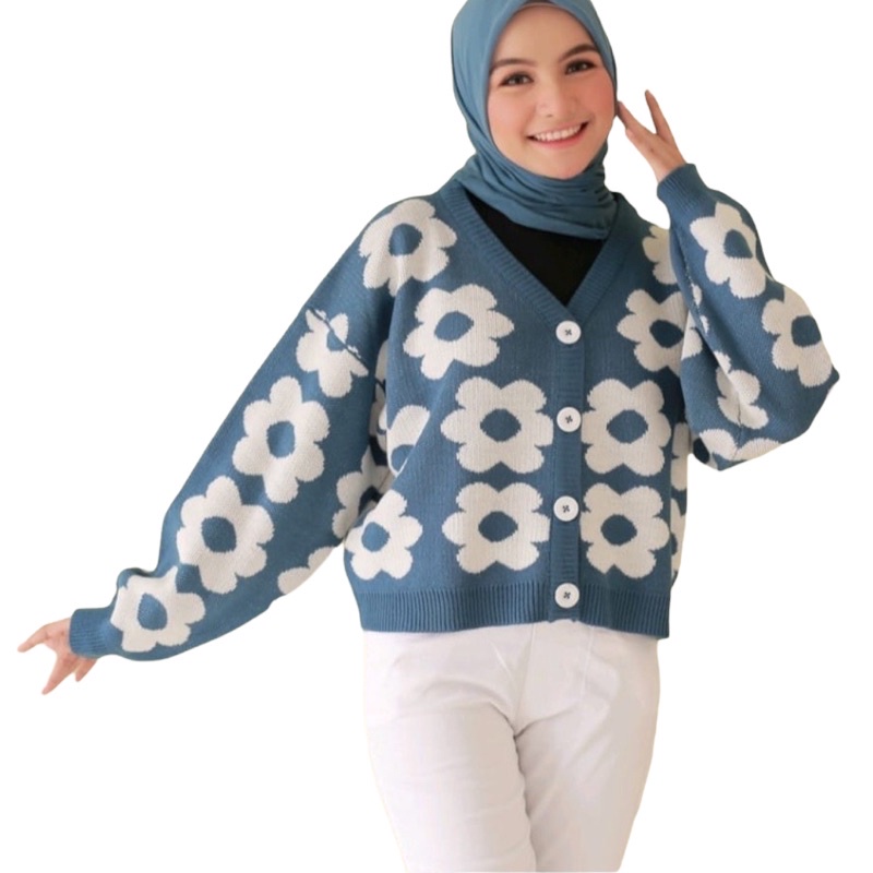 Baju Rajut Cardigan Wanita / Baju Cardi Bunga Premium Lengan Panjang