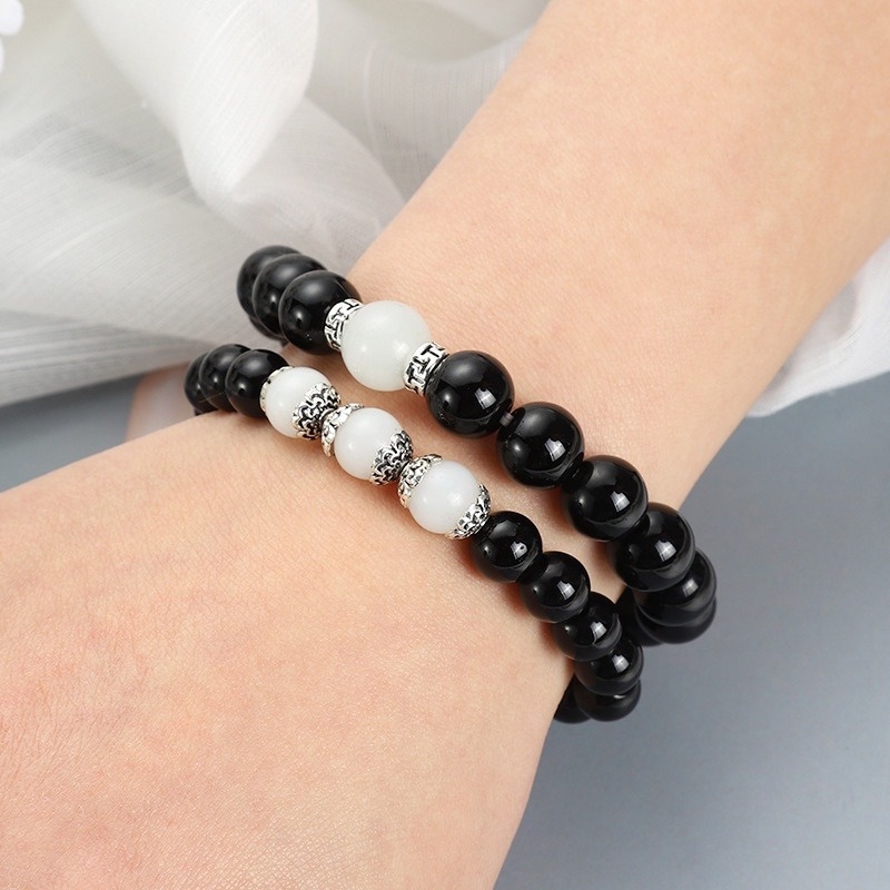 2 Pasang Gelang Manik-Manik Obsidian Imitasi Adjustable Warna Hitam Untuk Pasangan