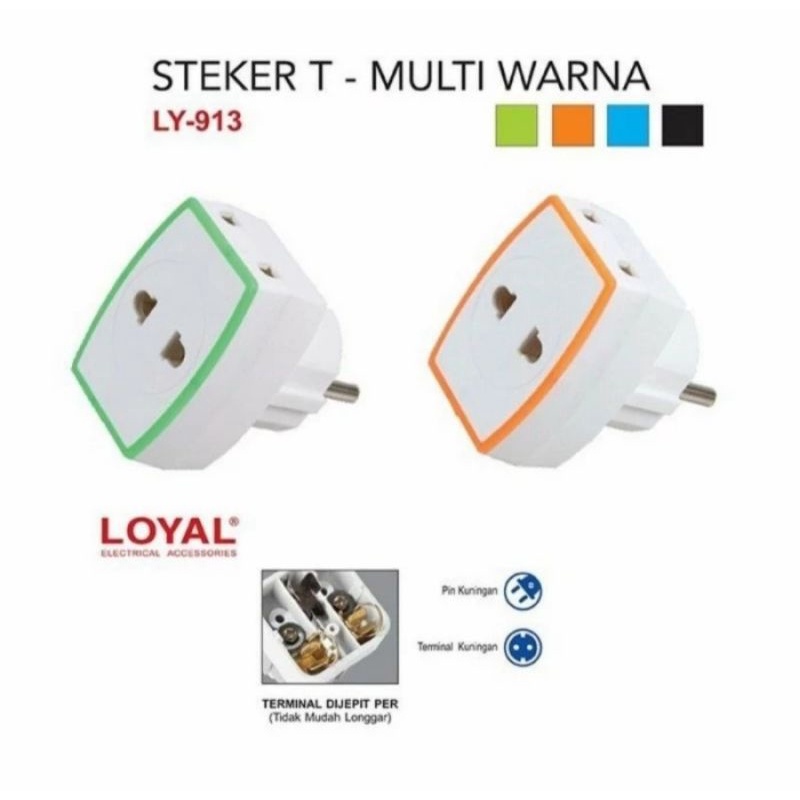 Loyal Yunior Steker T multi warna LY 913 colokan 3 cabang stop kontak SNI terminal kuningan