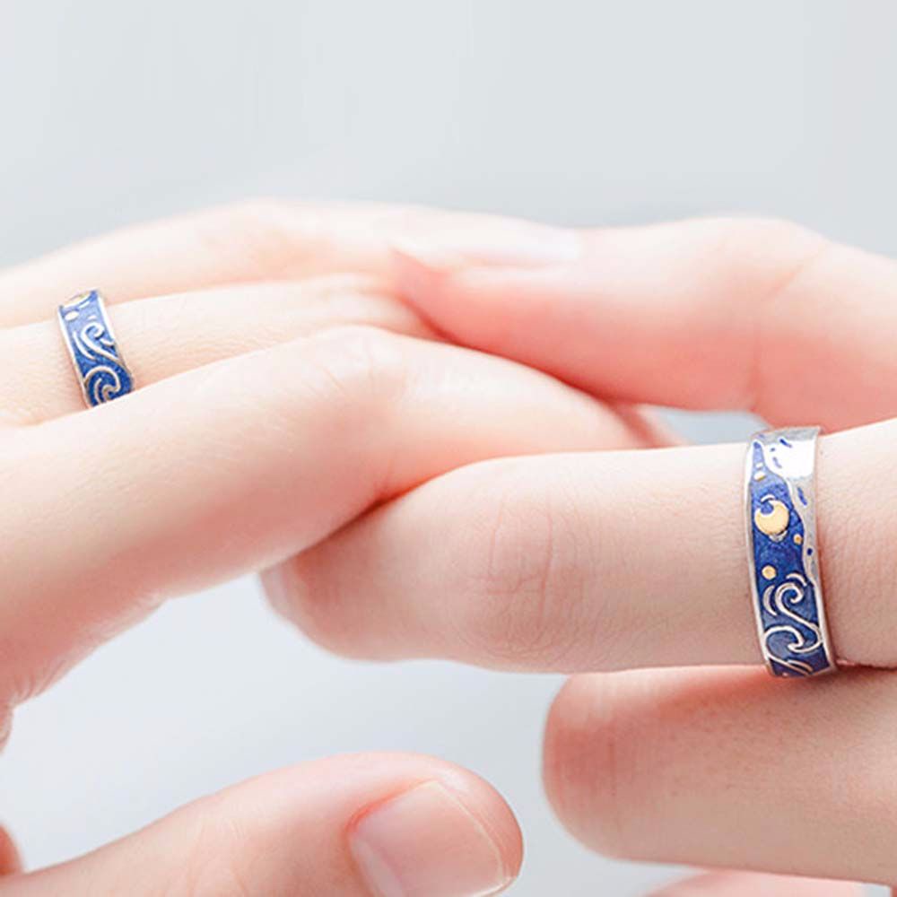 Needway  Romantic Open Rings Vintage Moon Starry Night Couple Rings Matching Lovers Van Gogh Starry Sky Men Silver Color Adjustable Fashion Jewelry