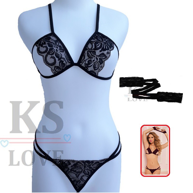Bikini Set Lingerie Open Bra Plus Cd dan Borgol Renda