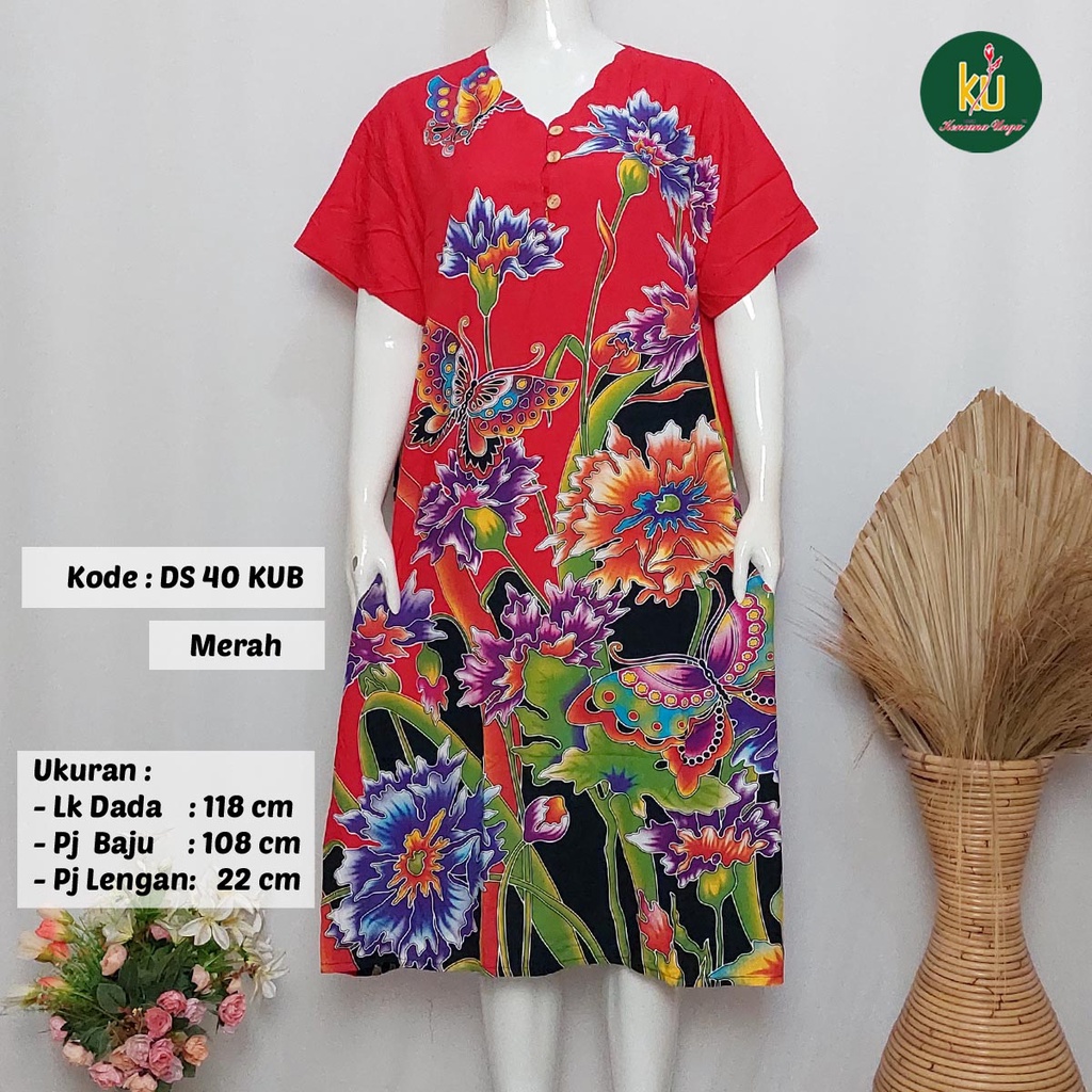 COD DS40 KUB | Daster Batik Kencana Ungu Asli Label Biru Ukuran Jumbo | Baju Santai Tidur Wanita Dewasa Kancing Depan Busui Friendly Motif Terbaru-Merah A
