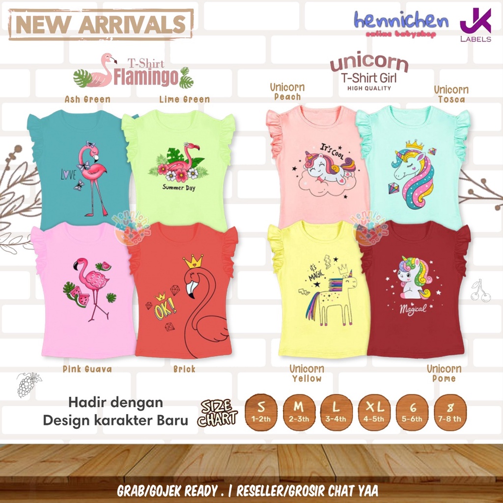 Tshirt 1-8 Tahun Kazel x JK Label Girl Unicorn Flamingo Tshirt Anak Tshirt Ruffle Anak Perempuan Motif Adem