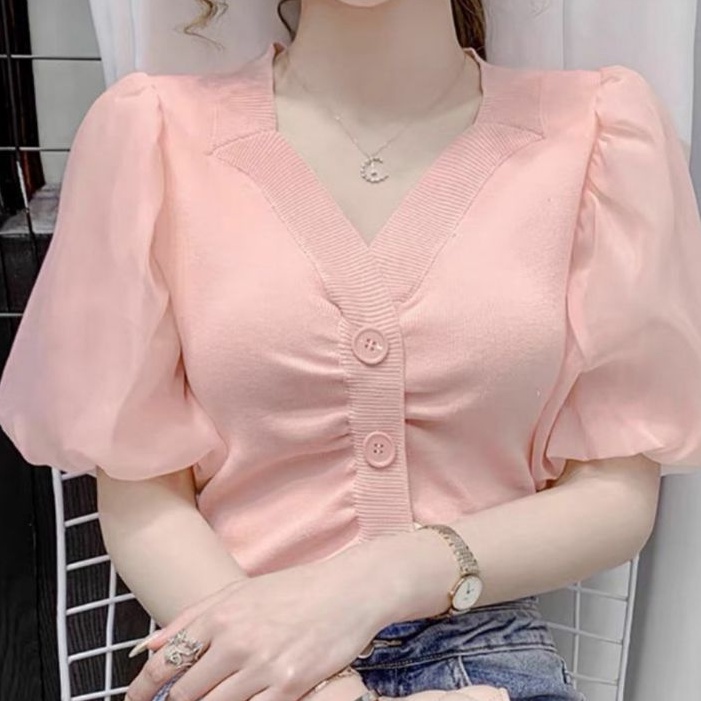 Z007 Baju kemeja blouse lengan pendek baloon Knit import wanita terbaru baju Pakaian lengan pendek b