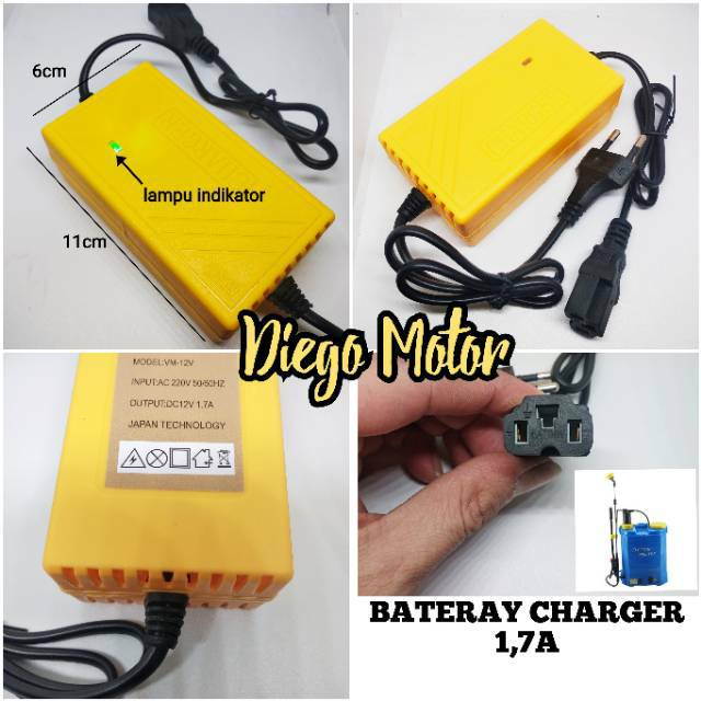 Baterai charger 1,7A  cas pompa semprot hama Elektrik aki CBA DC 12V 16liter