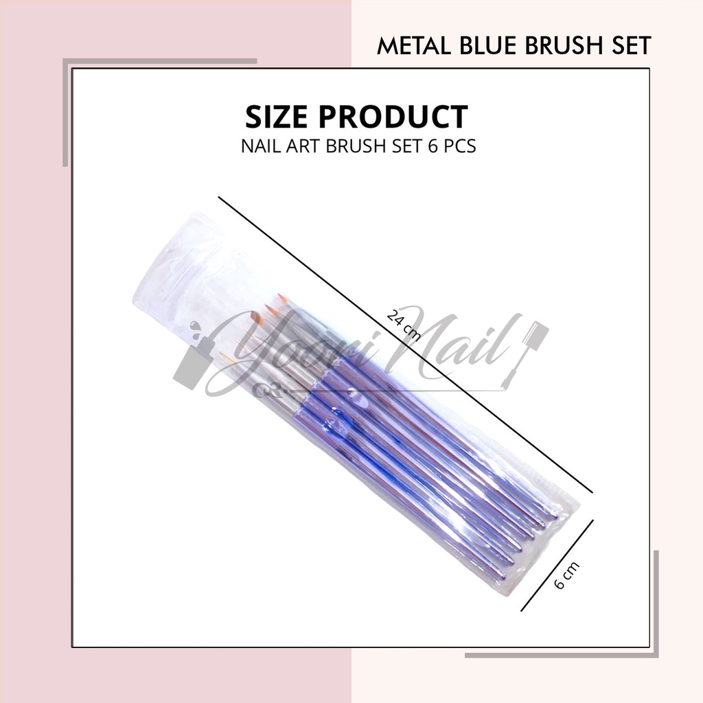 Metal blue brush set 6 pcs kuas nail art liner oval gel brush nailart kuku