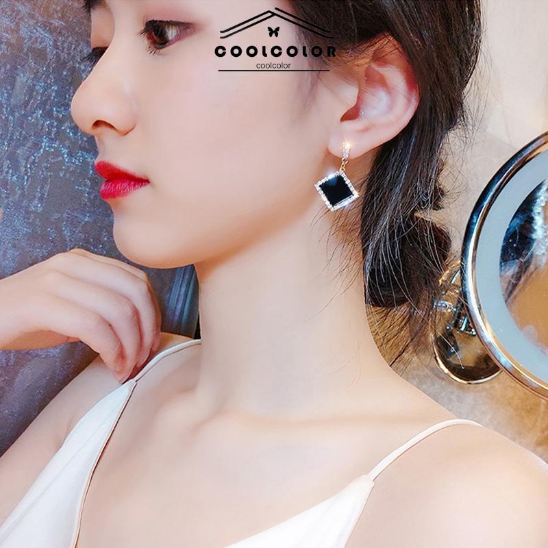 COD❤️1 Sepasang Anting Perak 925 Pejantan Pejantan Geometris Berlian Hitam Wanita Aksesoris Fashion Mewah Korea