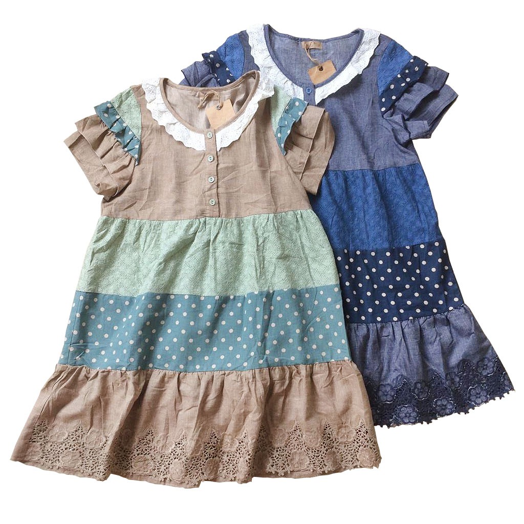 Dress Midi Linen Krem Coklat Biru Kombi Bordir Polka Dot Babydoll Ruflle Tier Patchwork Korea Import