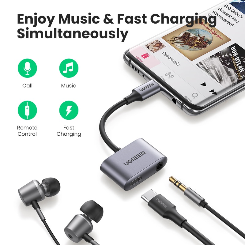 Ugreen 2 in 1 Adapter Konverter USB-C Ke Jack Audio 3.5mm DAC Chip PD QC Charging