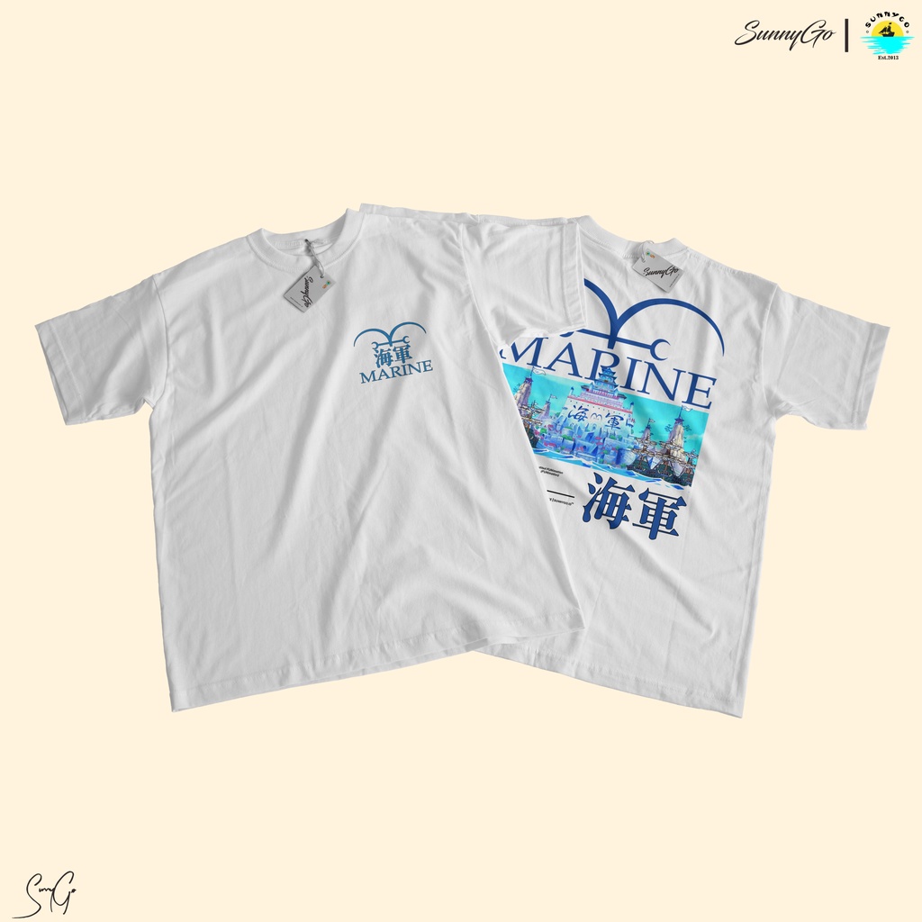 SunnyGo Kaos Baju Tshirt Anime One Piece Angkatan Laut MARINE Oversize Original Distro Uniqlo Pakaian Gambar Belakang Wanita Pria White Tees-2