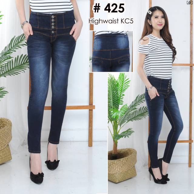 celana jeans wanita hw k5 highwaist hitam kancing tengah softjeans street