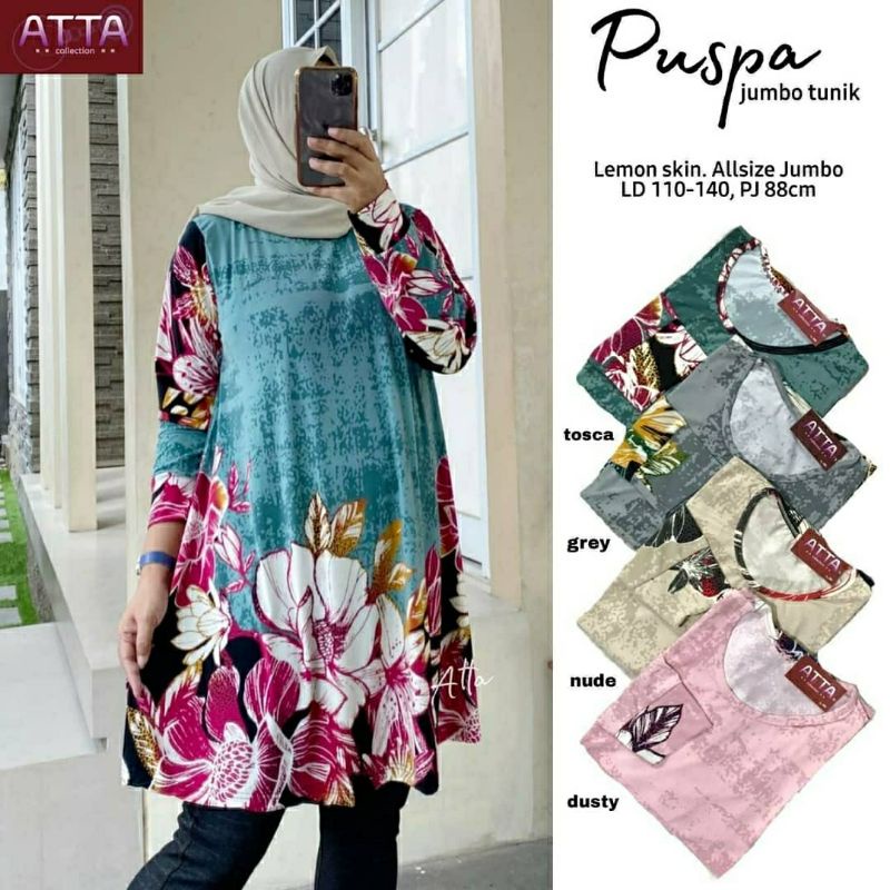 Puspa Jumbo Tunik, TUNIK JUMBO WANITA CANTIK BAHAN LEMON SKIN LD 110 MELAR SAMPAI 140 TERJUMBO