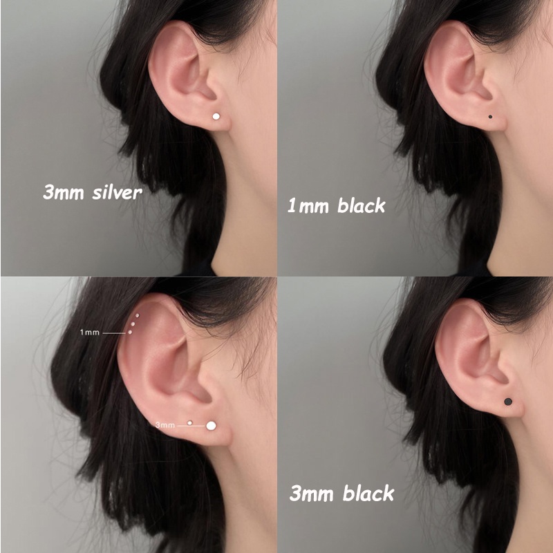 1 Pasang Anting Stud Mini Bentuk Bulat Warna Hitam Bahan S925 Silver Anti Alergi Untuk Unisex