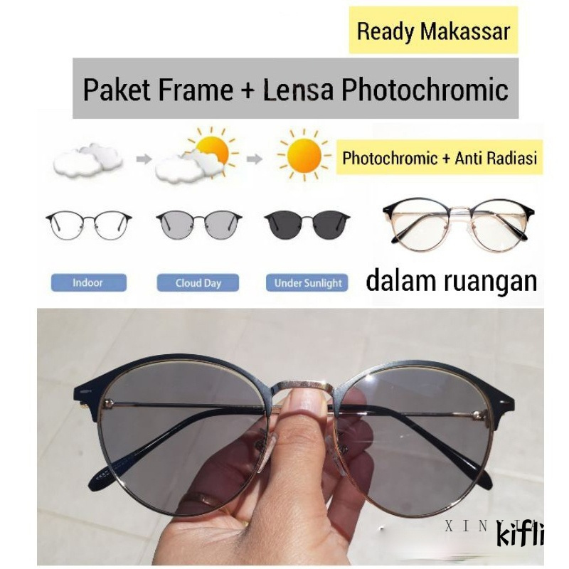 [2 In 1 Photocromic] Kacamata Lensa Photocromic +,Anti Radiasi Blueray,(Bluechromic)Pria Wanita Frame Besi Photochromic