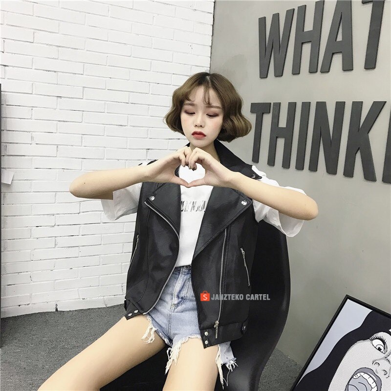 JNK x FEI - Rompi Kulit Sintetis Viena Hitam Punk Faux leather PU Jacket Synthetic Premium Elegan Trendy Import Cewek Perempuan Modern Baru Rompi Vest Pengendara Sepeda Motor Imitasi Zipper Retsleting Jaket Tanpa Lengan Musim Gugur Musim Dingin Oversize