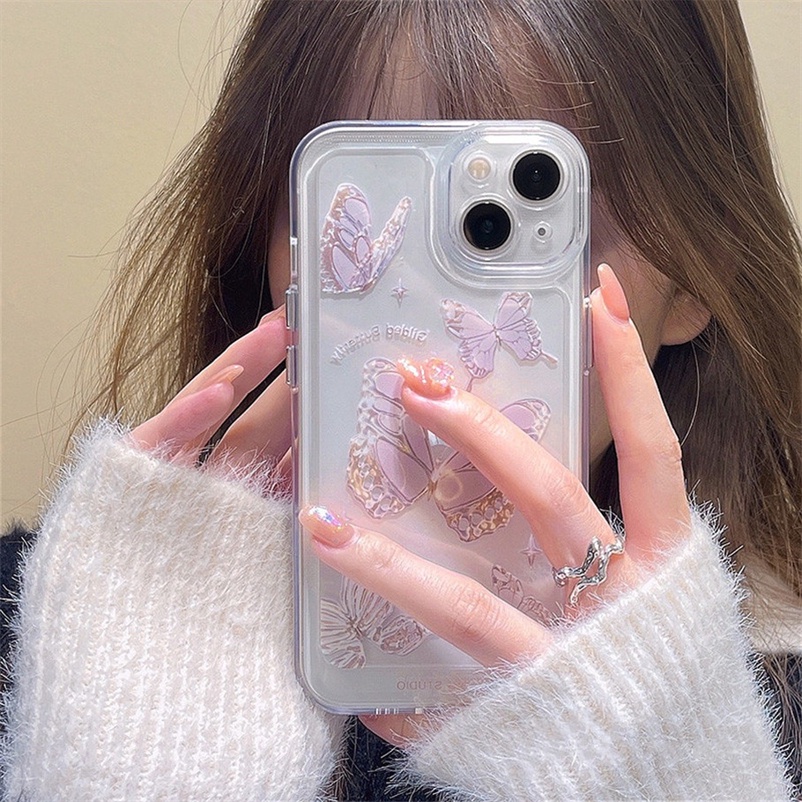 【Ready Stock】Soft Case Compatible for iPhone 14 13 12 11 Pro Max X XR Xs Max SE 2020 iPhone 7 8 6 6s Plus Fashion Ins Style Butterfly Phone Case Non-slip Case Hp Transparent Shockproof Handphone Case Soft TPU Protective Back Cover