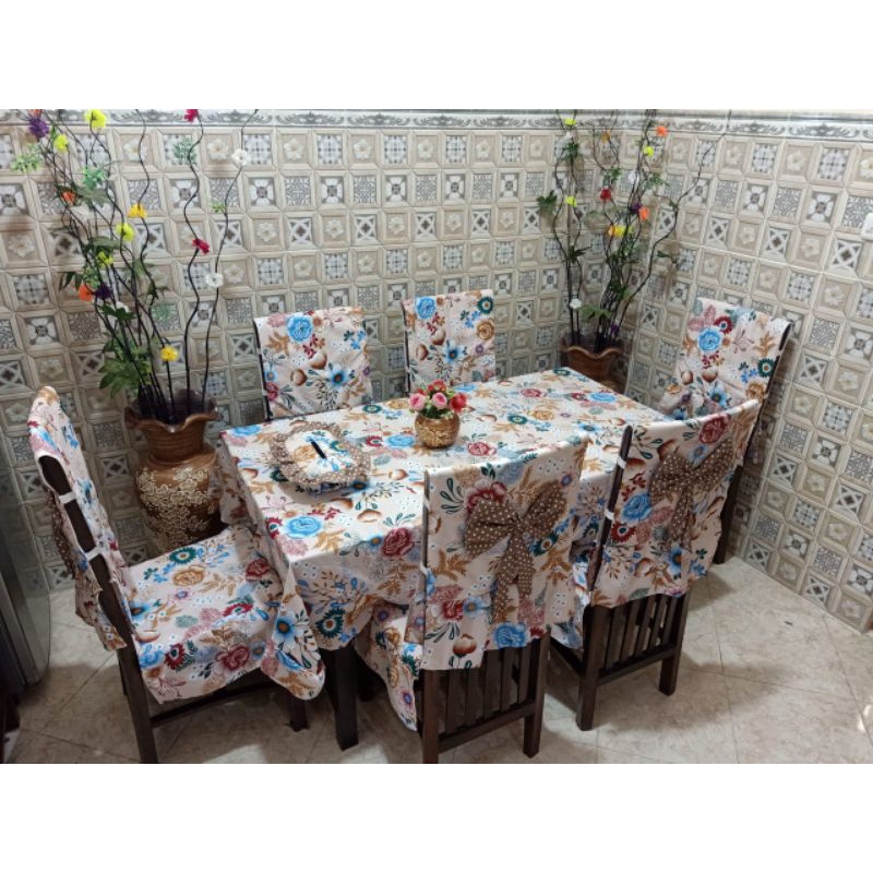 Set sarung meja makan dan sarung sandaran kursi 6
