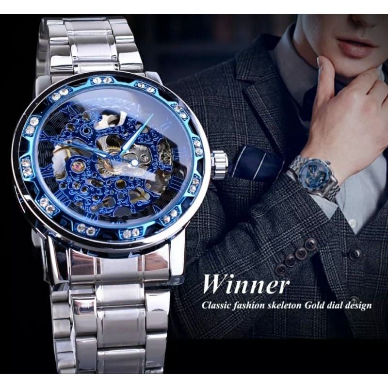 Winner Diamond Jam Tangan Automatic Tanpa Baterai Otomatis Jam Tangan Pria Stainliss Steel