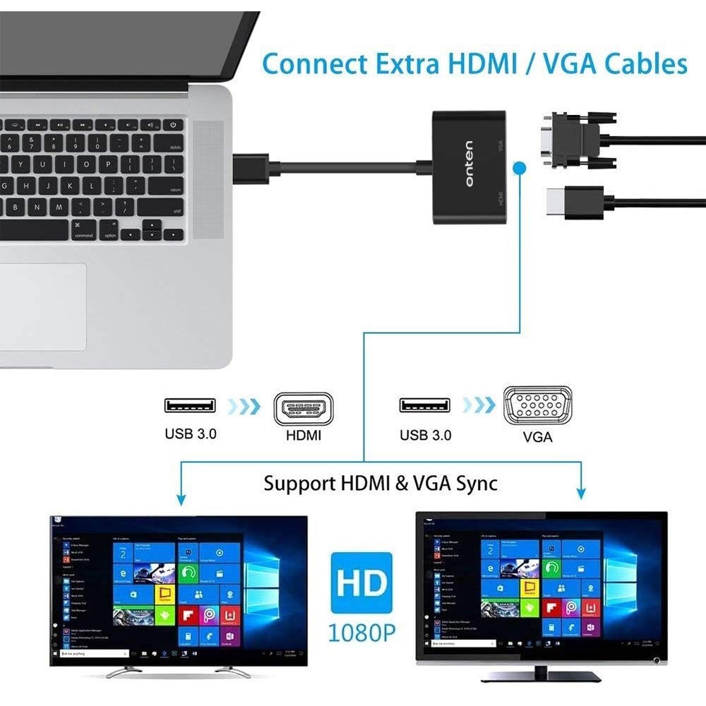 ONTEN OTN-5021B - USB 3.0 to HDMI and VGA Display Adapter Converter - Adapter USB ke HDMI &amp; VGA