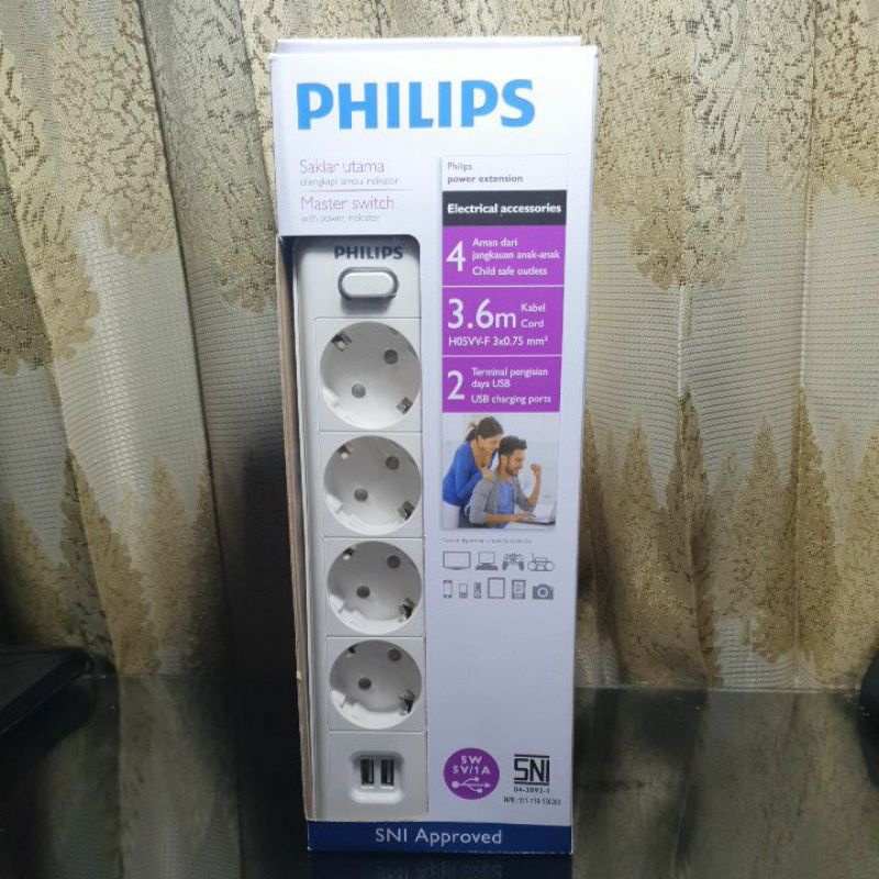 Colokan Listrik (stopkontak) Philips 4 Lubang/ kabel 3.6 meter/ 2 USB ports