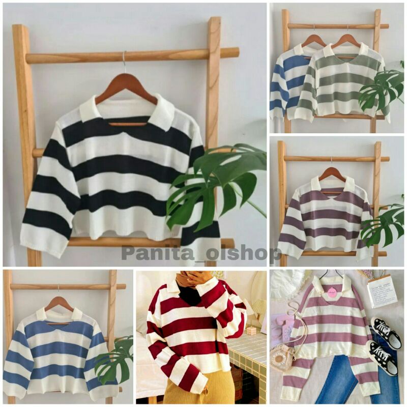 SWEATER RAJUT / BAJU RAJUT CROPTOP BLASTER GARIS SALUR PREMIUM FUJI SWEATER/Baju rajut kekinian/baju