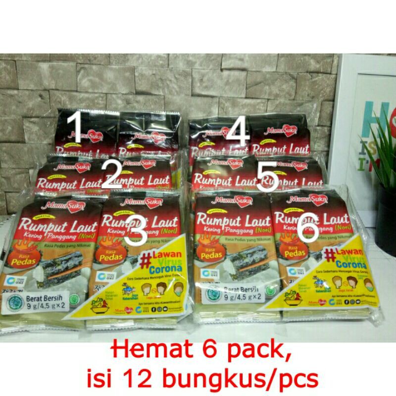 

Hemat 6 Pack Rumput Laut Nori Pedas Mamasuka isi 12 bungkus/pcs